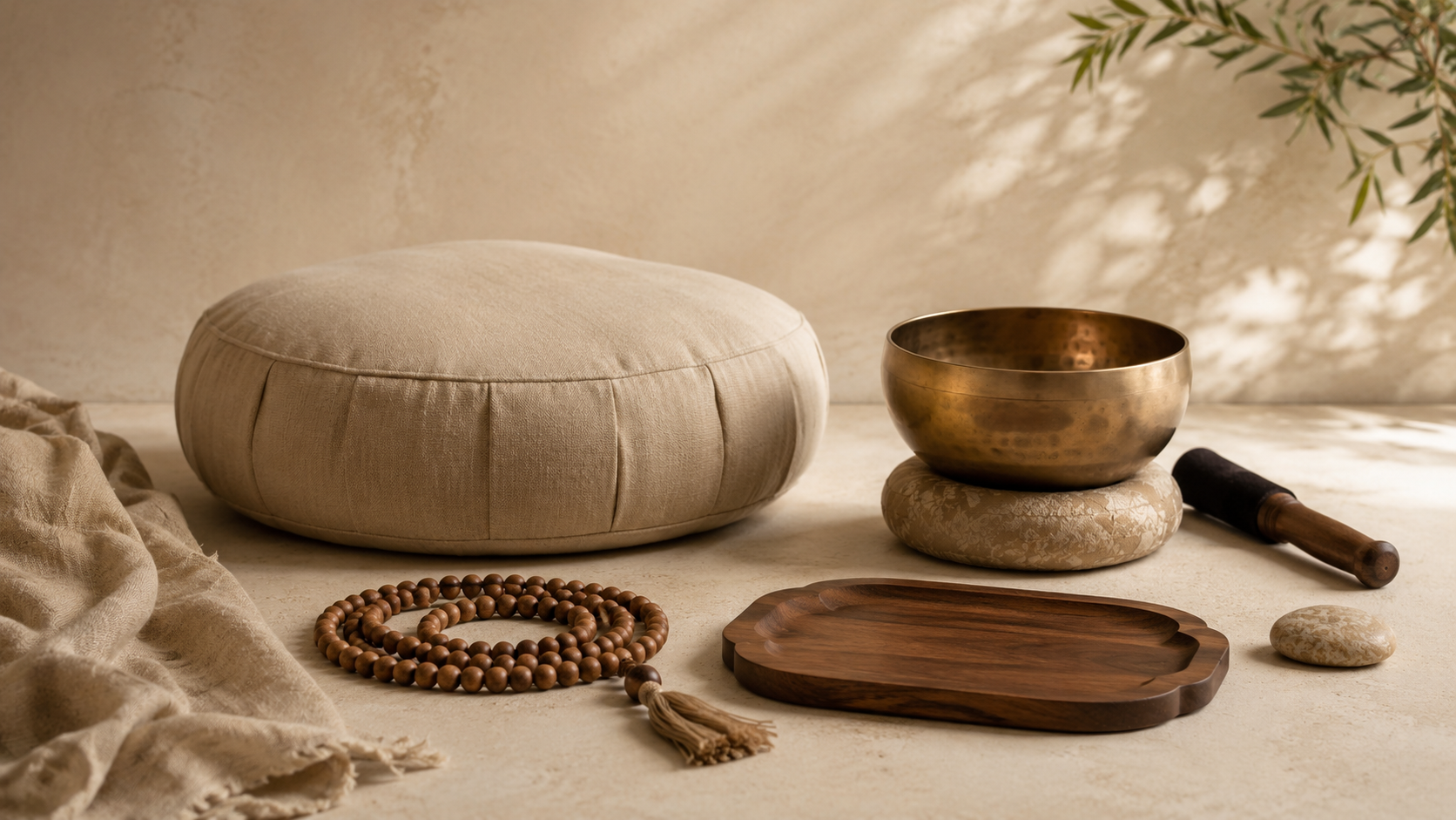 Accessoires de méditation avec coussin, mala, bol tibétain et plateau rituel