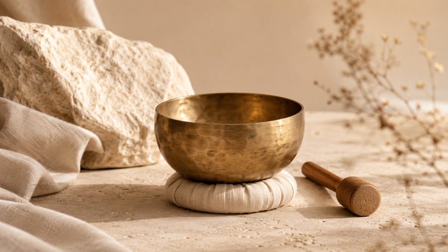 Bol tibétain posé sur un coussin pour accompagner méditation, respiration et retour au calme