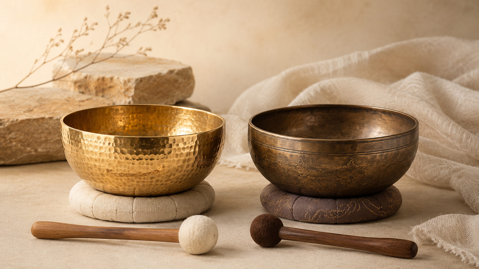 Bol tibétain martelé et bol tibétain traditionnel pour comparer les styles