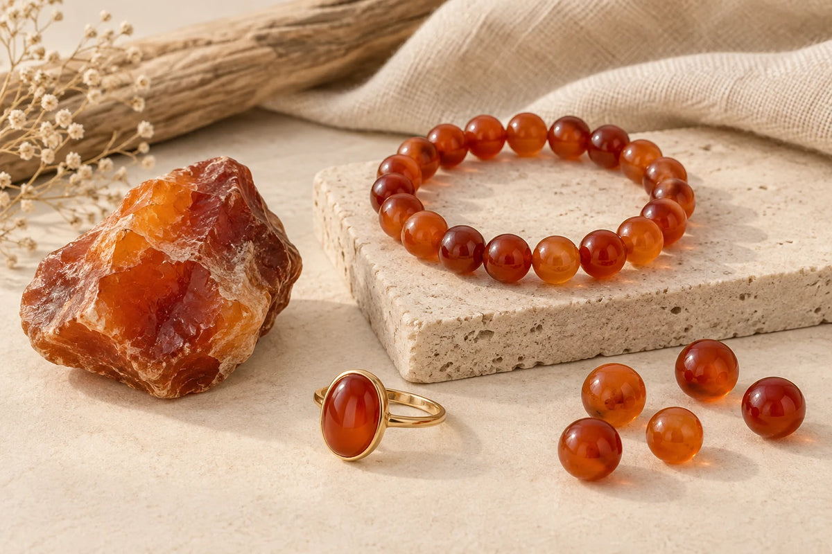 Cornaline brute et bijoux en Cornaline aux nuances orange et rouge