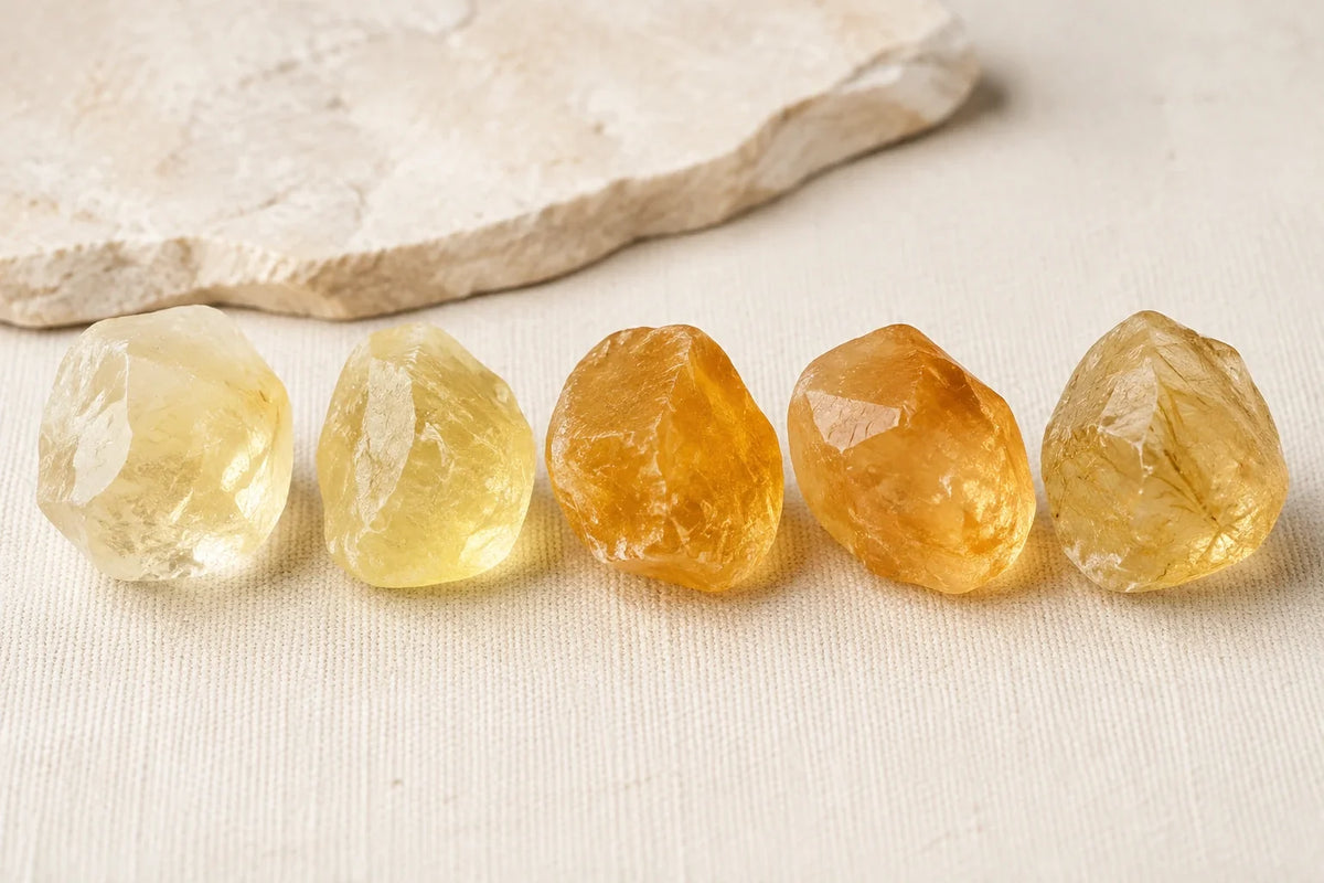 Différentes nuances jaunes et dorées de Citrine avec variations de transparence