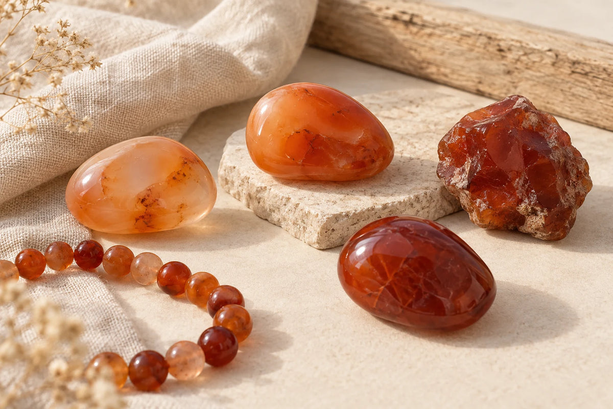 Cornalines orange et rouge montrant différentes nuances naturelles