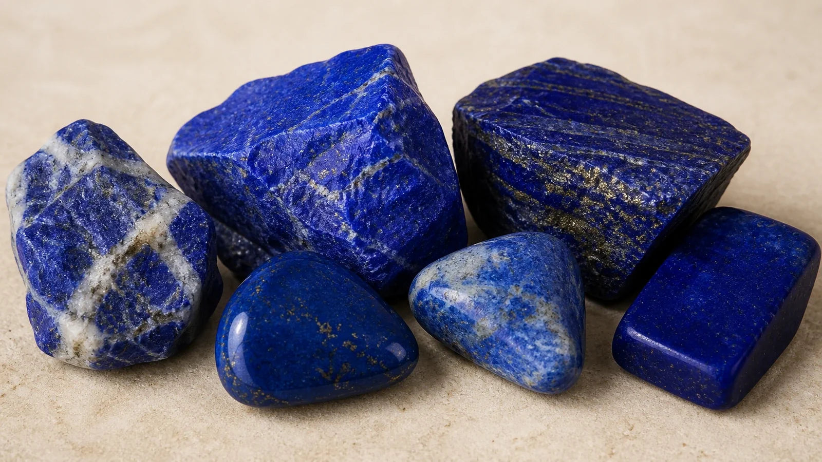 Variations naturelles du Lapis Lazuli avec bleu profond, zones claires et pyrite