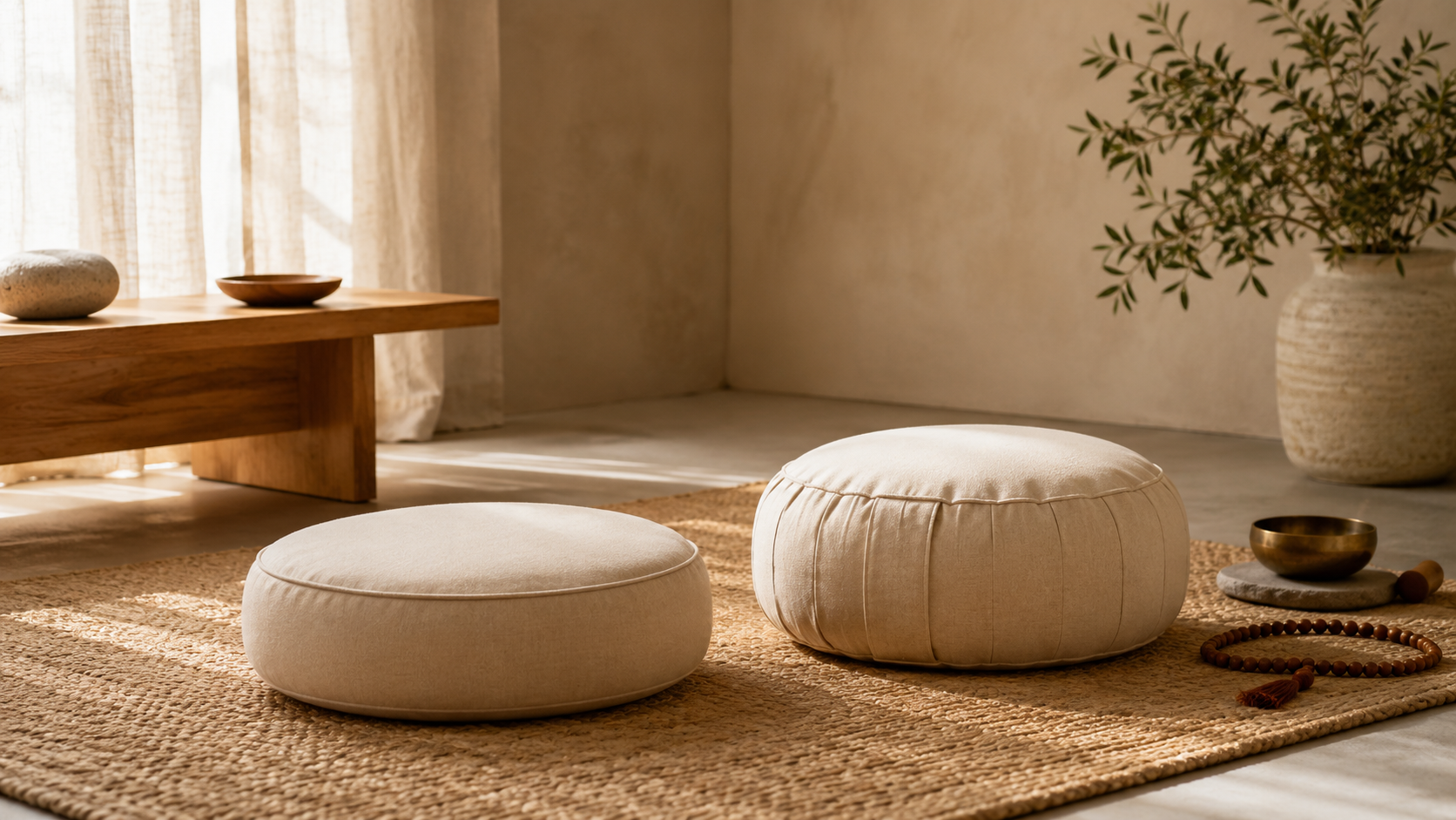 Un espace de méditation sobre et élégant présentant deux types de coussins de méditation dans une même composition : un coussin rond beige et un zafu naturel