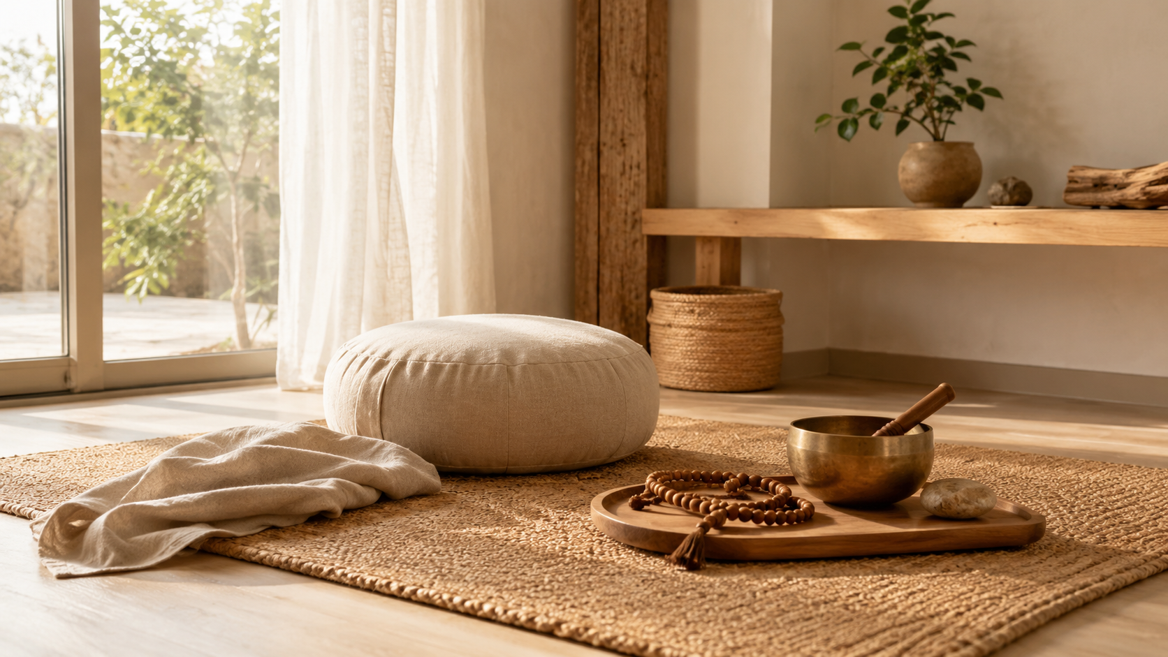 Espace de méditation chez soi avec coussin, bol tibétain, mala et plateau rituel