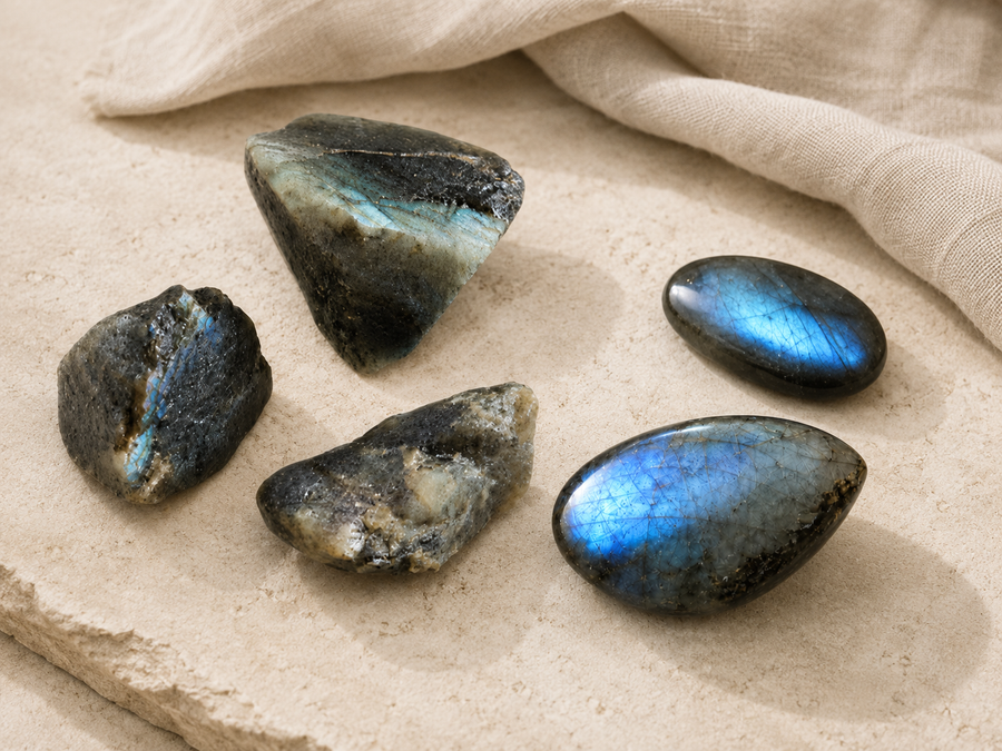Labradorites brutes et polies aux reflets bleus disposées côte à côte sur une pierre beige et du lin naturel