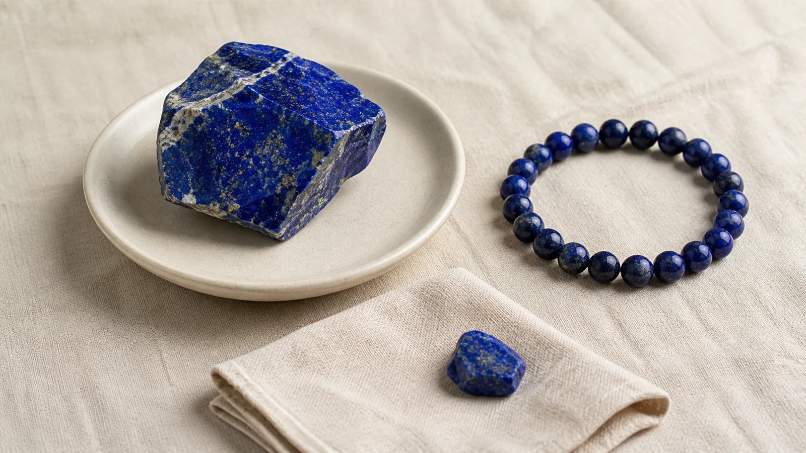 Pierre et bracelet en Lapis Lazuli illustrant les précautions de manipulation