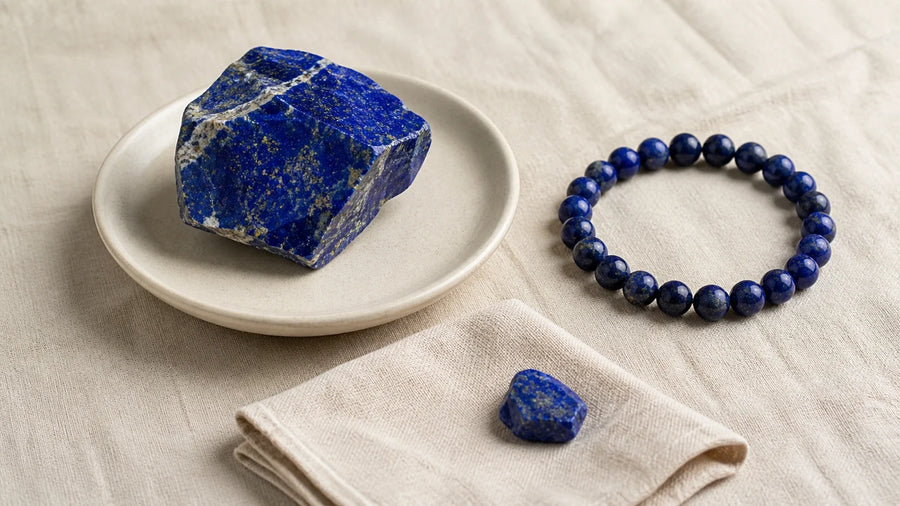 Pierre et bracelet en Lapis Lazuli illustrant les précautions de manipulation
