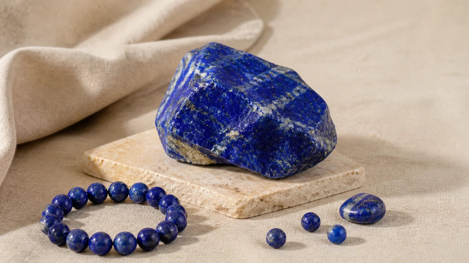 Pierre brute, bracelet et perles de Lapis Lazuli aux nuances de bleu profond