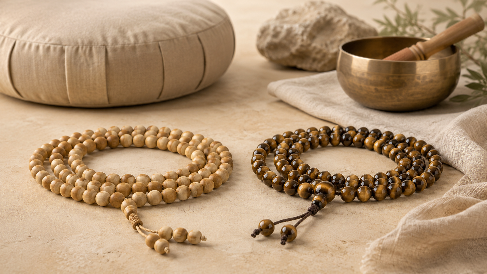 Mala de méditation en bois et pierre naturelle pour respiration et intention