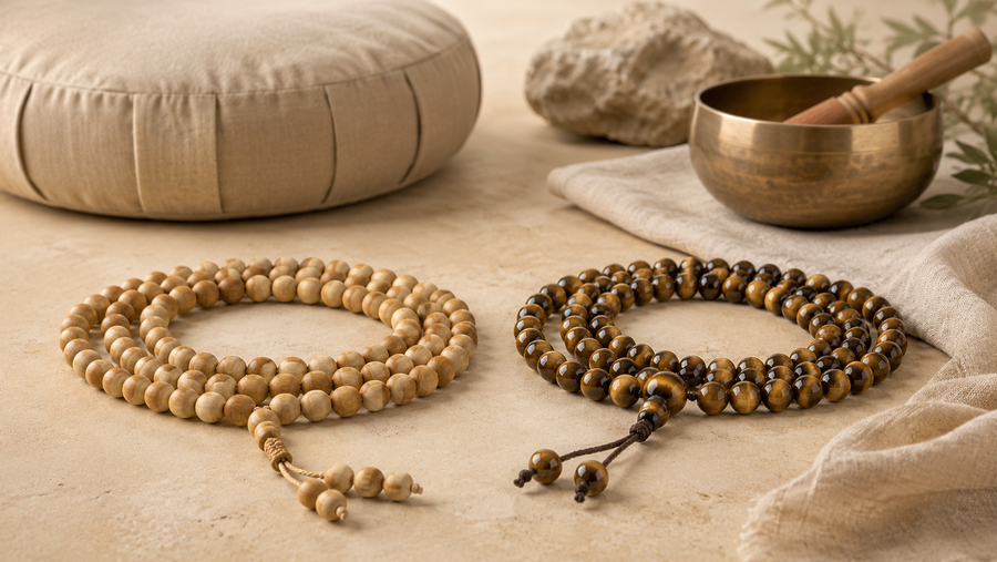 Mala de méditation en bois et pierre naturelle pour respiration et intention