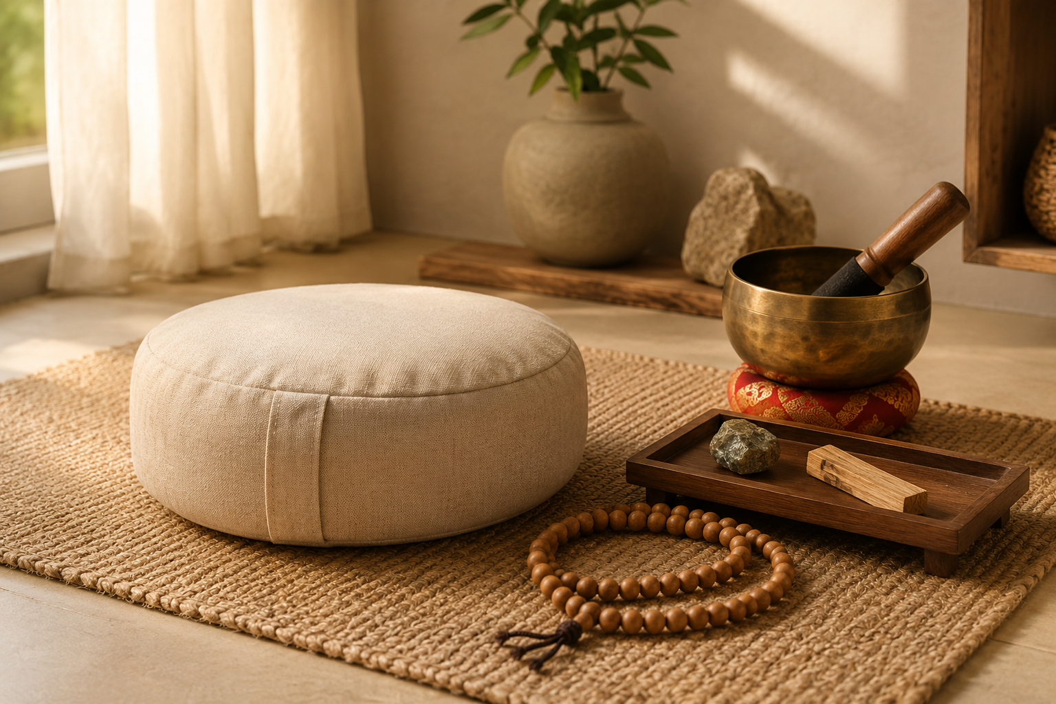 Rituel de méditation débutant avec coussin, bol tibétain, mala et plateau rituel
