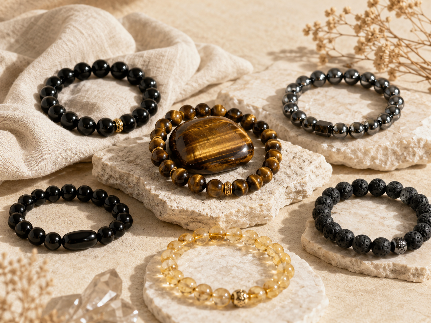Bracelet en œil de tigre entouré de bracelets en onyx, hématite, obsidienne, pierre de lave et citrine sur un décor minéral beige.