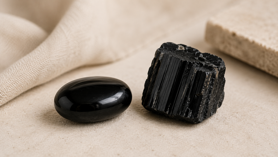une pierre roulée et une pierre brute en tourmaline noire posées sur un socle en pierre minérale naturelle beige