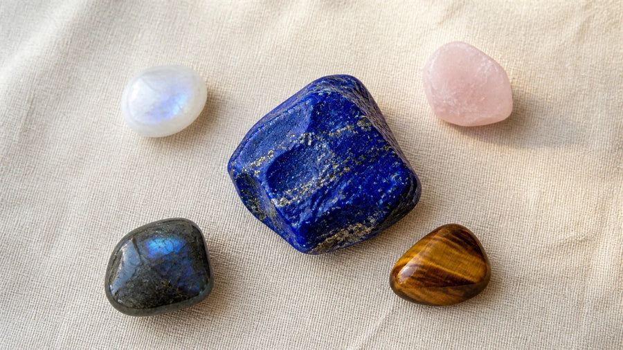 Lapis Lazuli associé à la Pierre de lune, au Quartz rose, à la Labradorite et à l’Œil de tigre