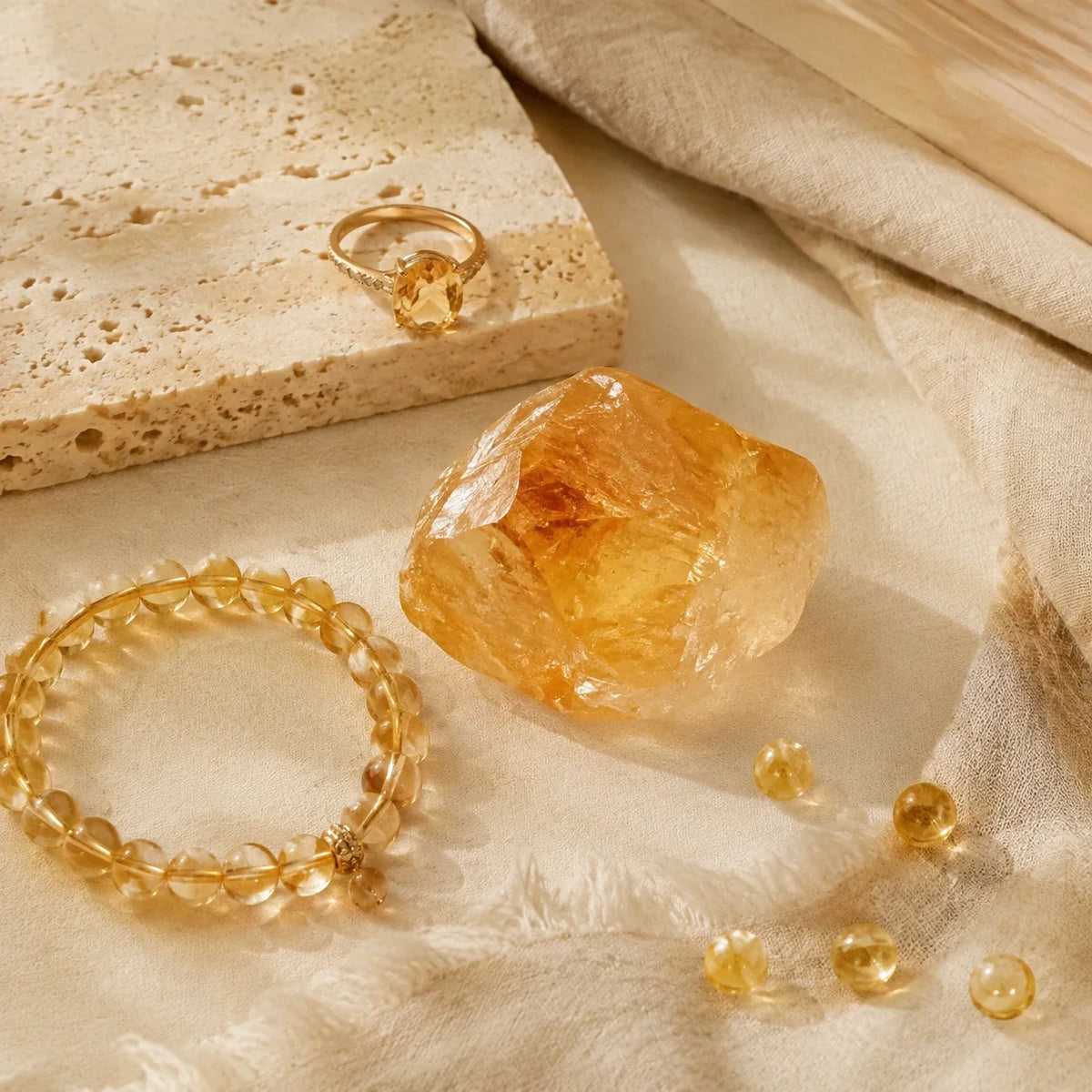 Citrine brute, perles et bijoux illustrant les critères qui influencent son prix