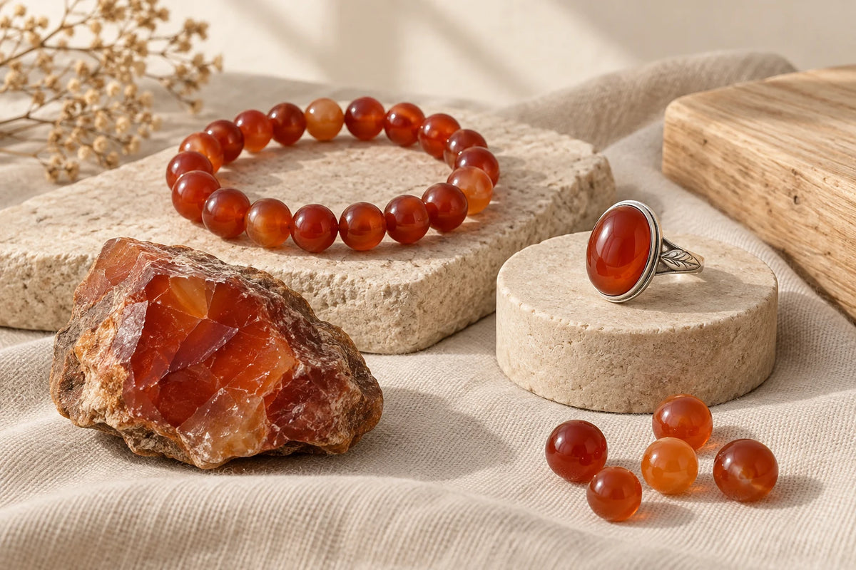 Pierre brute, bracelet, bague et perles en Cornaline