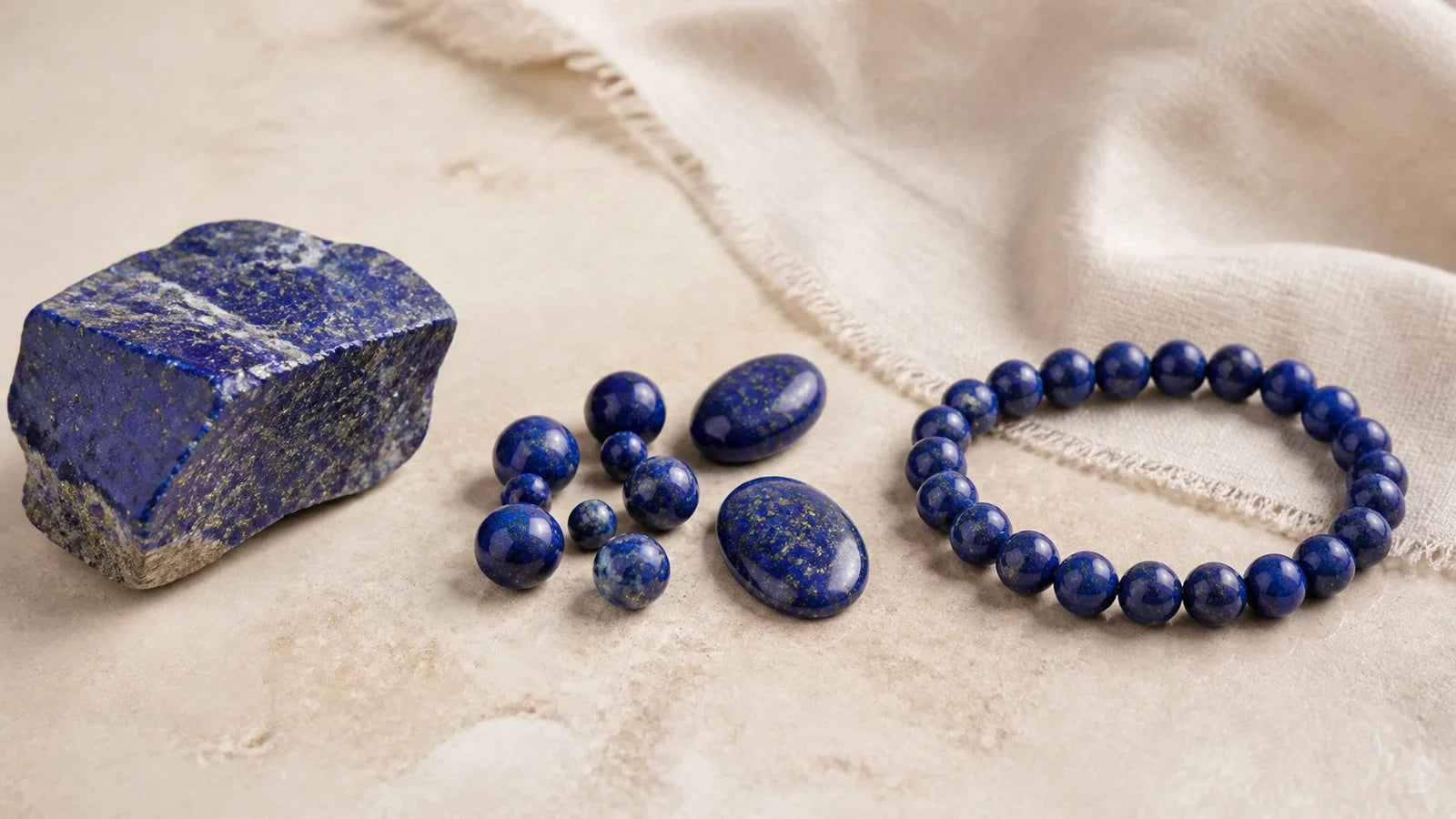 Lapis Lazuli brut, perles polies et bijou illustrant les différences de valeur