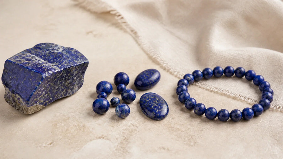 Lapis Lazuli brut, perles polies et bijou illustrant les différences de valeur