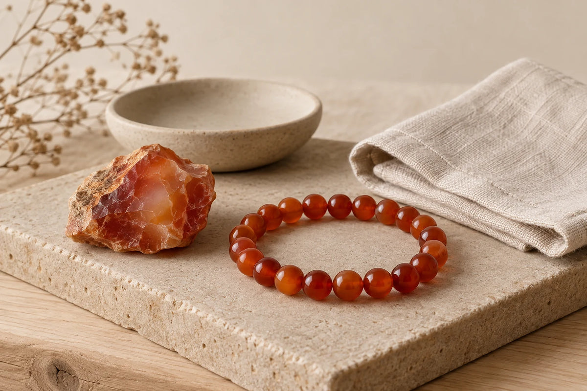 Cornaline brute et bracelet disposés pour un entretien doux