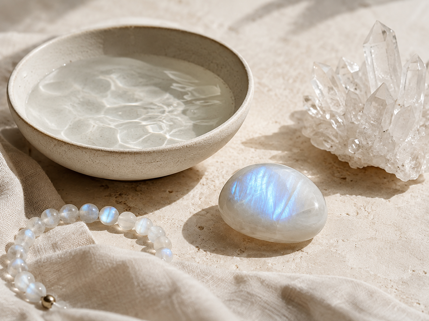rituel de purification pierre de lune avec eau et cristal de lune
