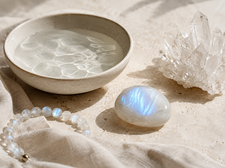 rituel de purification pierre de lune avec eau et cristal de lune