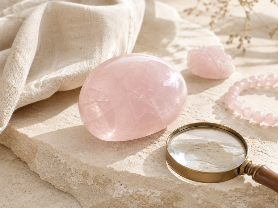 quartz rose posé sur un bloc en pierre naturelle beige