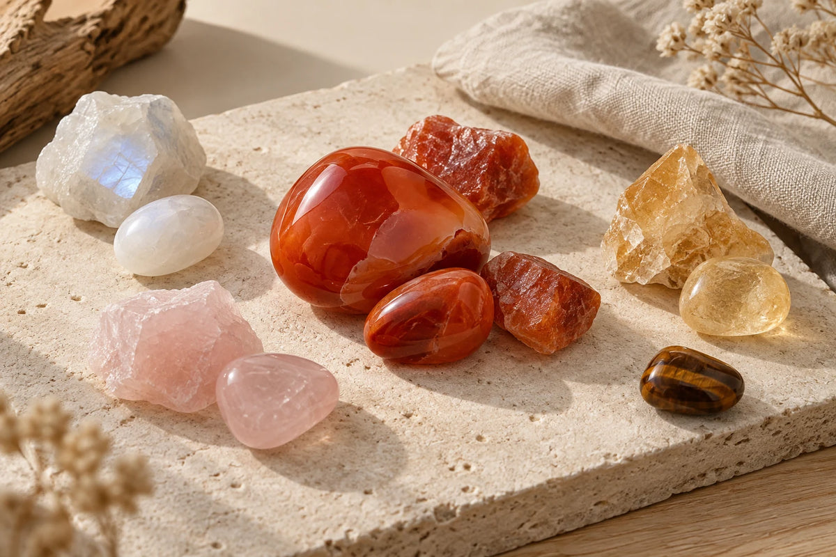Cornaline associée à la Pierre de lune, au Quartz rose et à la Citrine