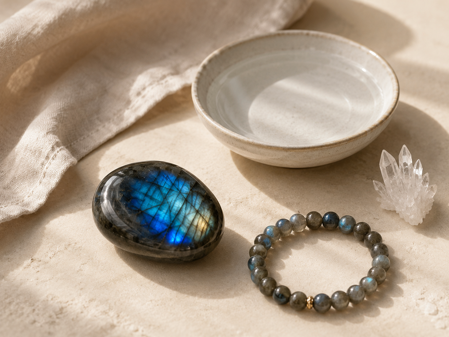 rituel de purification de Labradorite avec un bracelet et une pierre polie