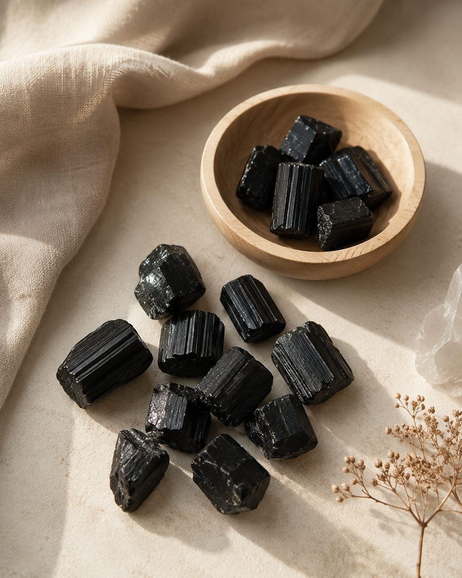 Tourmalines noires naturelles à la texture minérale