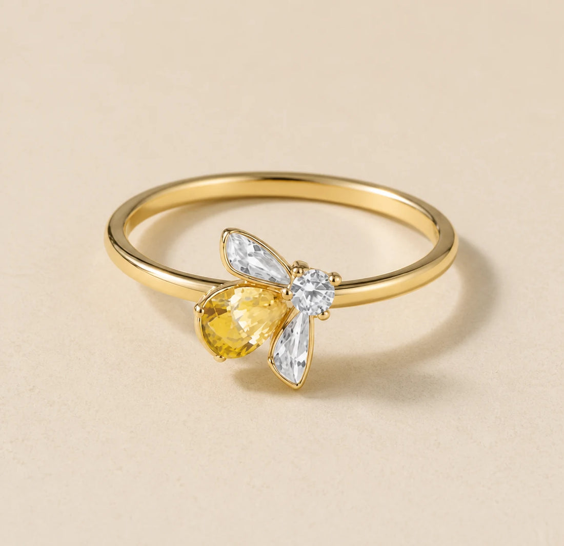Bague Citrine motif abeille dorée en argent sterling 925
