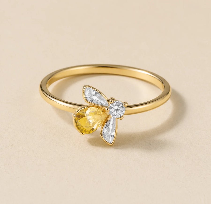 Bague Citrine motif abeille dorée en argent sterling 925