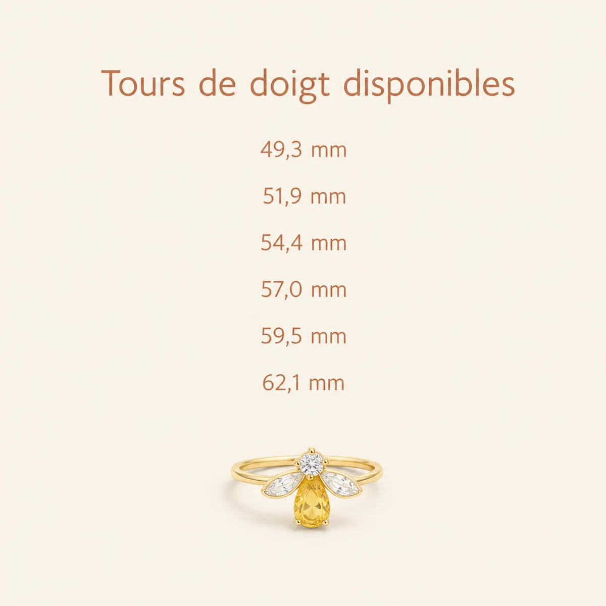 Tours de doigt disponibles pour la bague Citrine abeille
