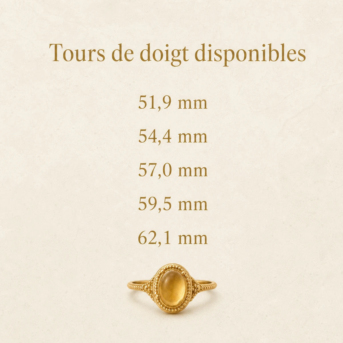 Tours de doigt disponibles pour la bague Citrine de 51,9 à 62,1 mm