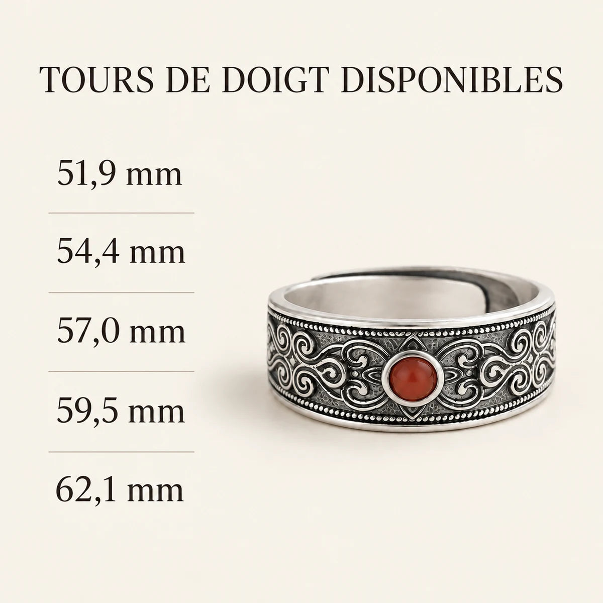 Tours de doigt disponibles pour la bague Cornaline en argent 925