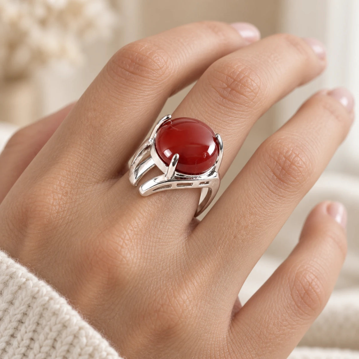 Bague Cornaline rouge réglable portée à la main