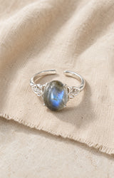 Vue complète de la bague réglable en labradorite sur lin naturel