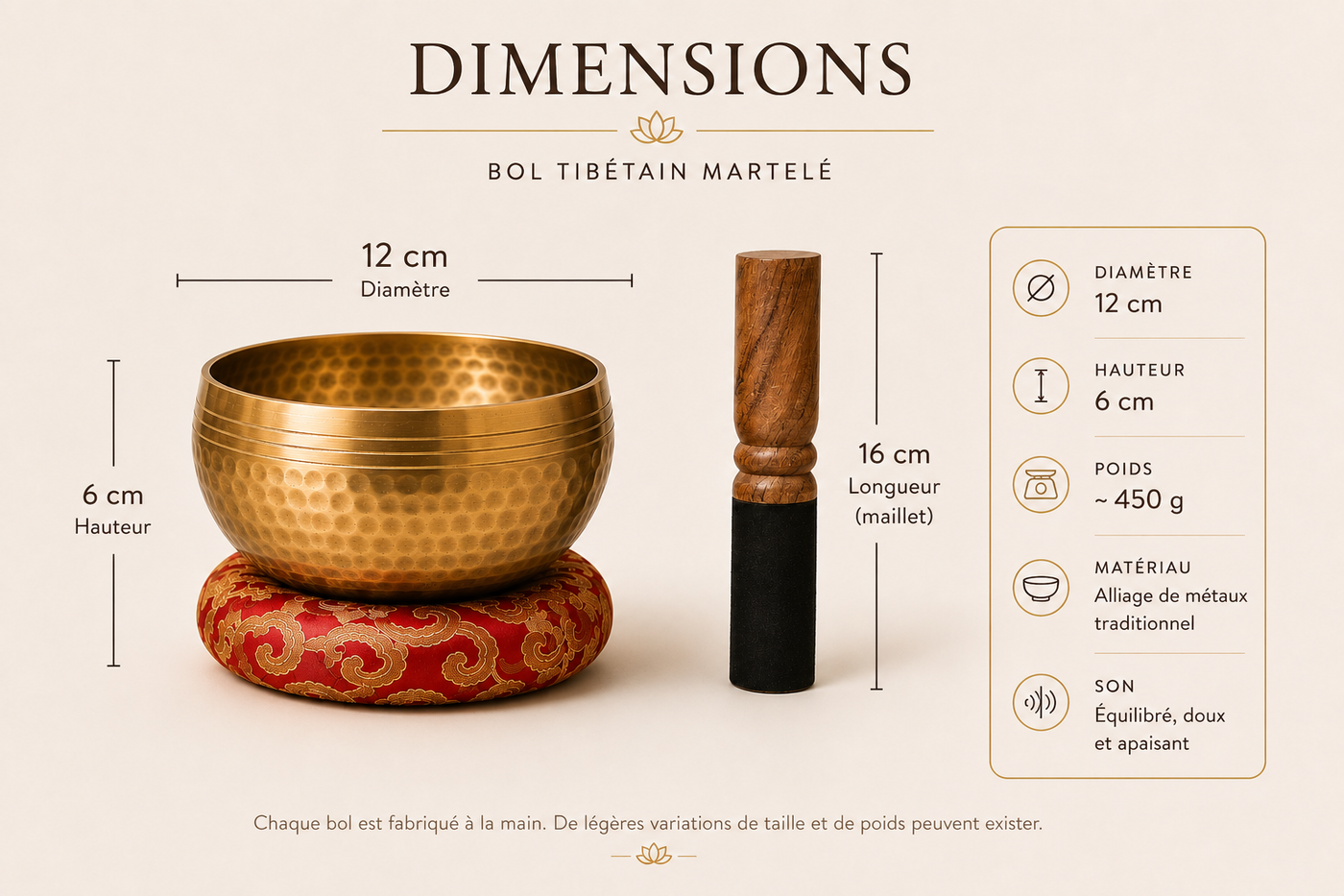 bol tibetain martelé 12cm Dimensions avec un schéma propre