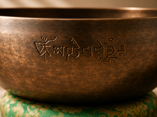 détail de la finition vieillie et gravée du bol tibétain 18 cm