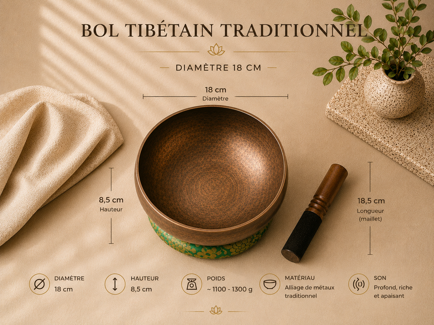bol tibétain traditionnel 18 cm schéma dimensions