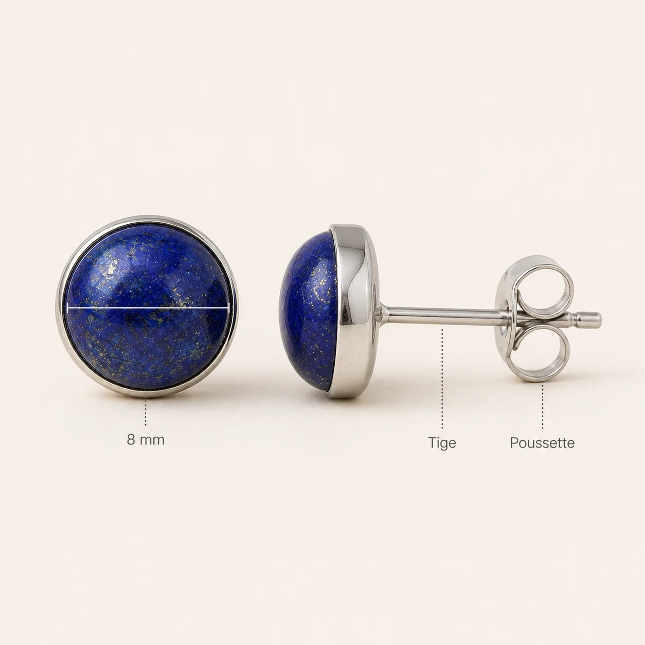 Dimensions et système des boucles d’oreilles Lapis Lazuli 8 mm