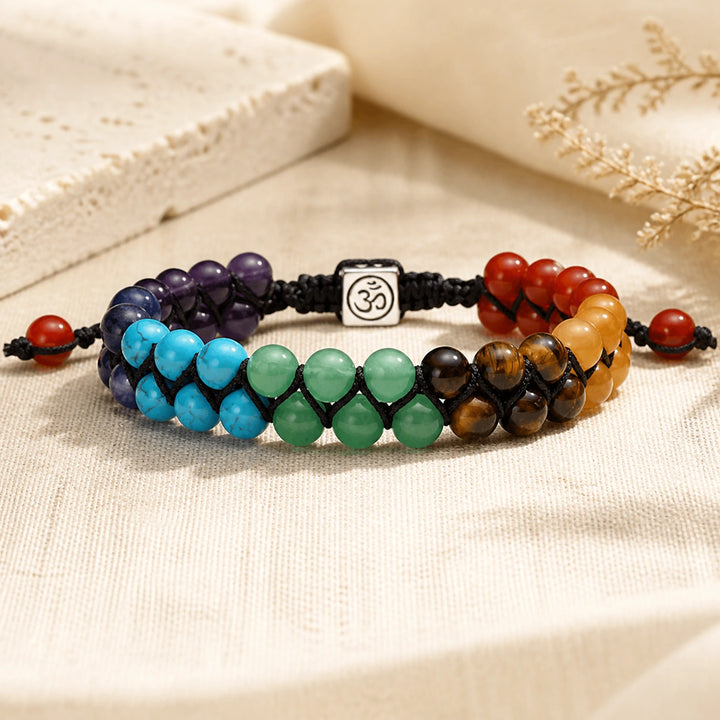 Bracelet 7 Chakras Double Rang Tressé — Pierres Naturelles 6 mm