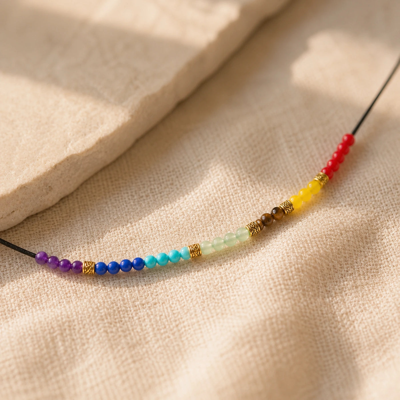 Détail des petites perles colorées d’un bracelet 7 Chakras.