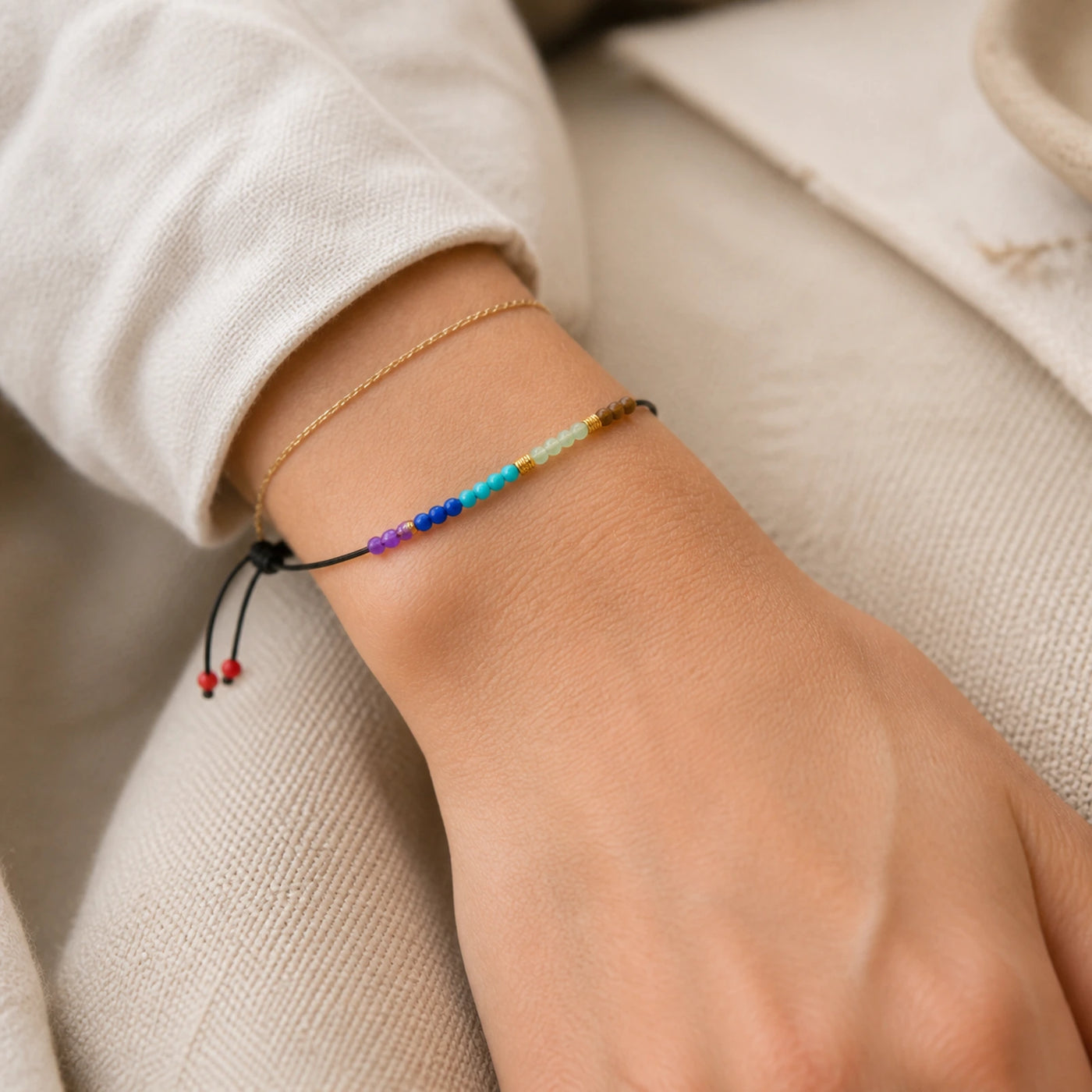 Bracelet 7 Chakras à petites perles porté au poignet.