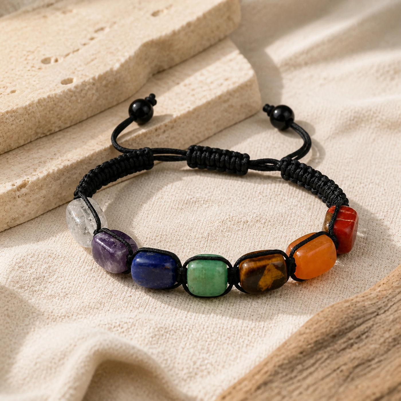 Bracelet 7 Chakras en pierres naturelles présenté sur du lin clair.