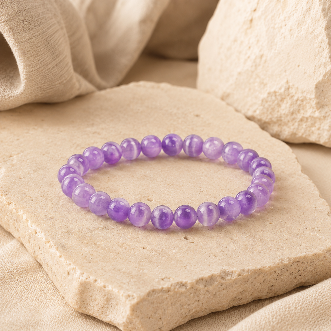 Bracelet Lunea en améthyste présenté sur une pierre beige