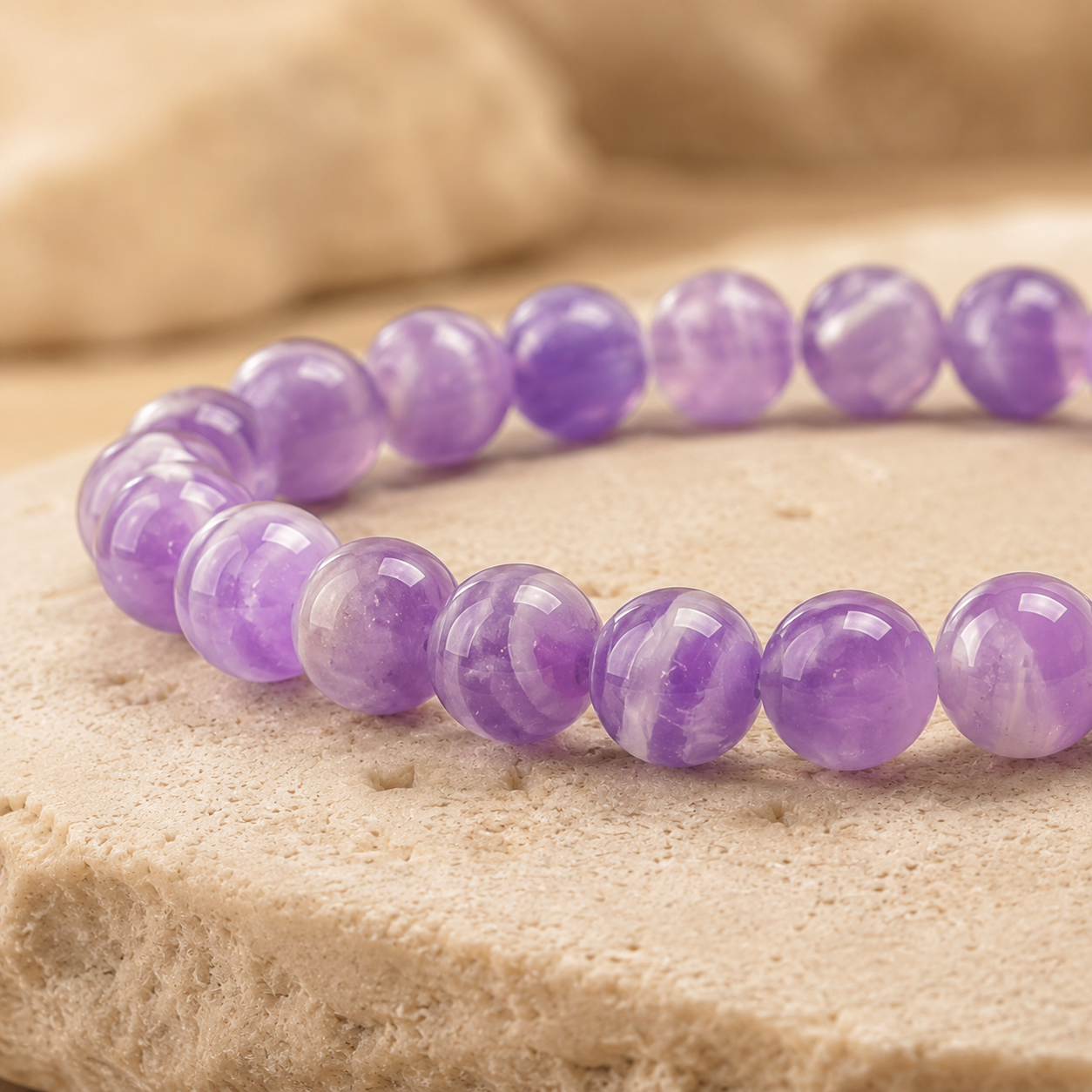 Gros plan sur les perles violettes du bracelet en améthyste