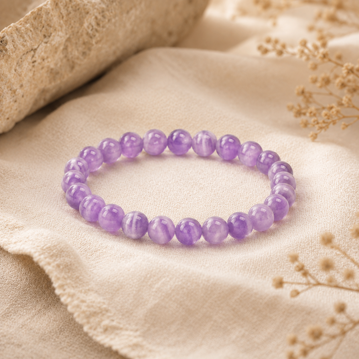 Bracelet en améthyste posé sur du lin écru