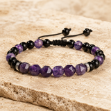 Bracelet réglable en améthyste naturelle et onyx noir sur cordon tressé noir