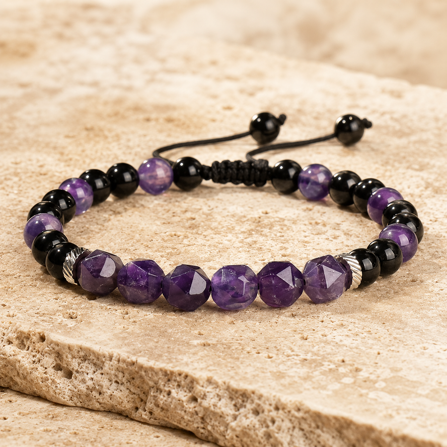 Bracelet réglable en améthyste naturelle et pierre noire sur cordon tressé noir
